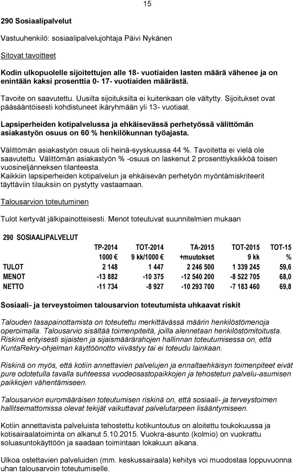 Lapsiperheiden kotipalvelussa ja ehkäisevässä perhetyössä välittömän asiakastyön osuus on 60 % henkilökunnan työajasta. Välittömän asiakastyön osuus oli heinä-syyskuussa 44 %.