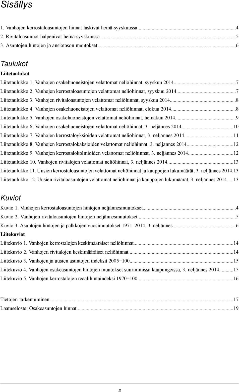 ..7 Liitetaulukko 3. Vanhojen rivitaloasuntojen velattomat neliöhinnat, syyskuu 2014...8 Liitetaulukko 4. Vanhojen osakehuoneistojen velattomat neliöhinnat, elokuu 2014...8 Liitetaulukko 5.