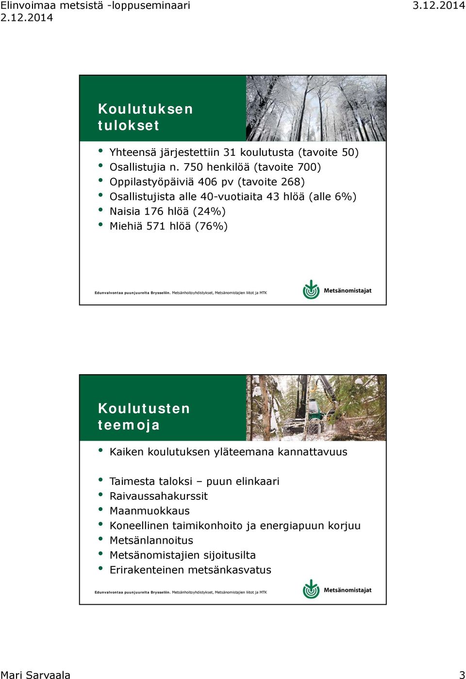 176 hlöä (24%) Miehiä 571 hlöä (76%) Koulutusten teemoja Kaiken koulutuksen yläteemana kannattavuus Taimesta taloksi puun