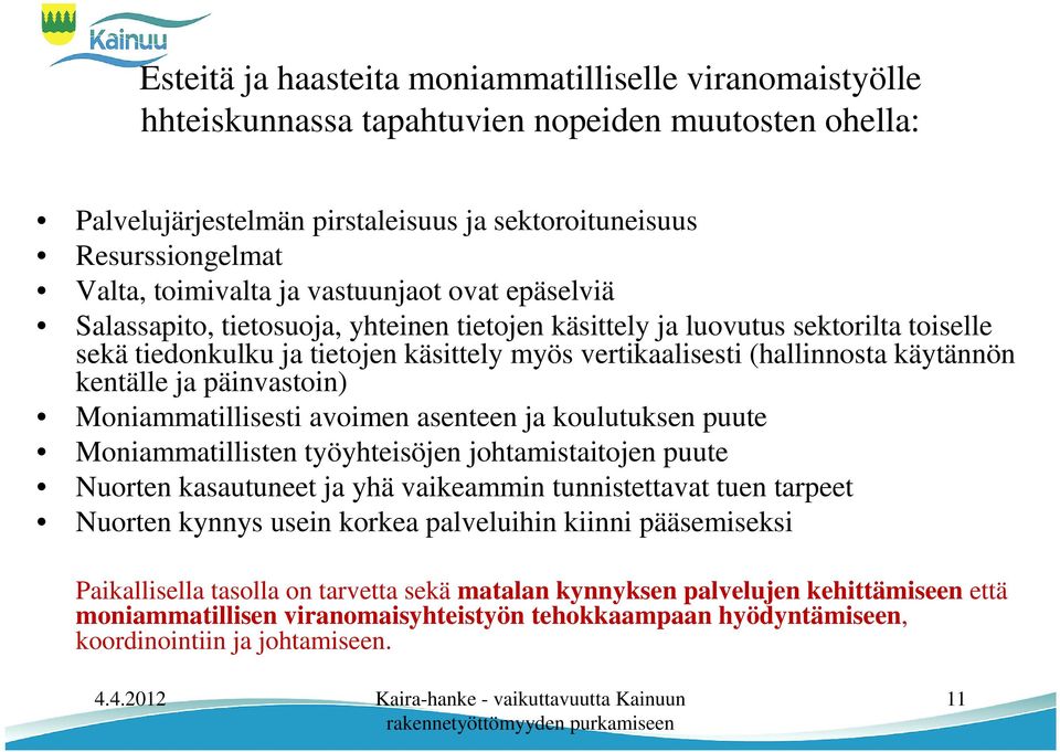 käytännön kentälle ja päinvastoin) Moniammatillisesti avoimen asenteen ja koulutuksen puute Moniammatillisten työyhteisöjen johtamistaitojen puute Nuorten kasautuneet ja yhä vaikeammin tunnistettavat