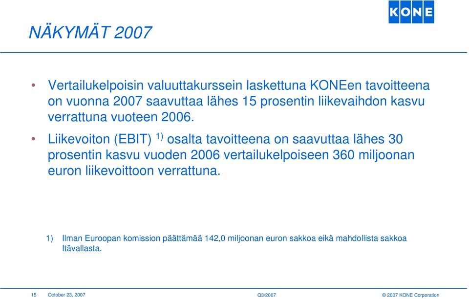 Liikevoiton (EBIT) 1) osalta tavoitteena on saavuttaa lähes 30 prosentin kasvu vuoden 2006 vertailukelpoiseen 360