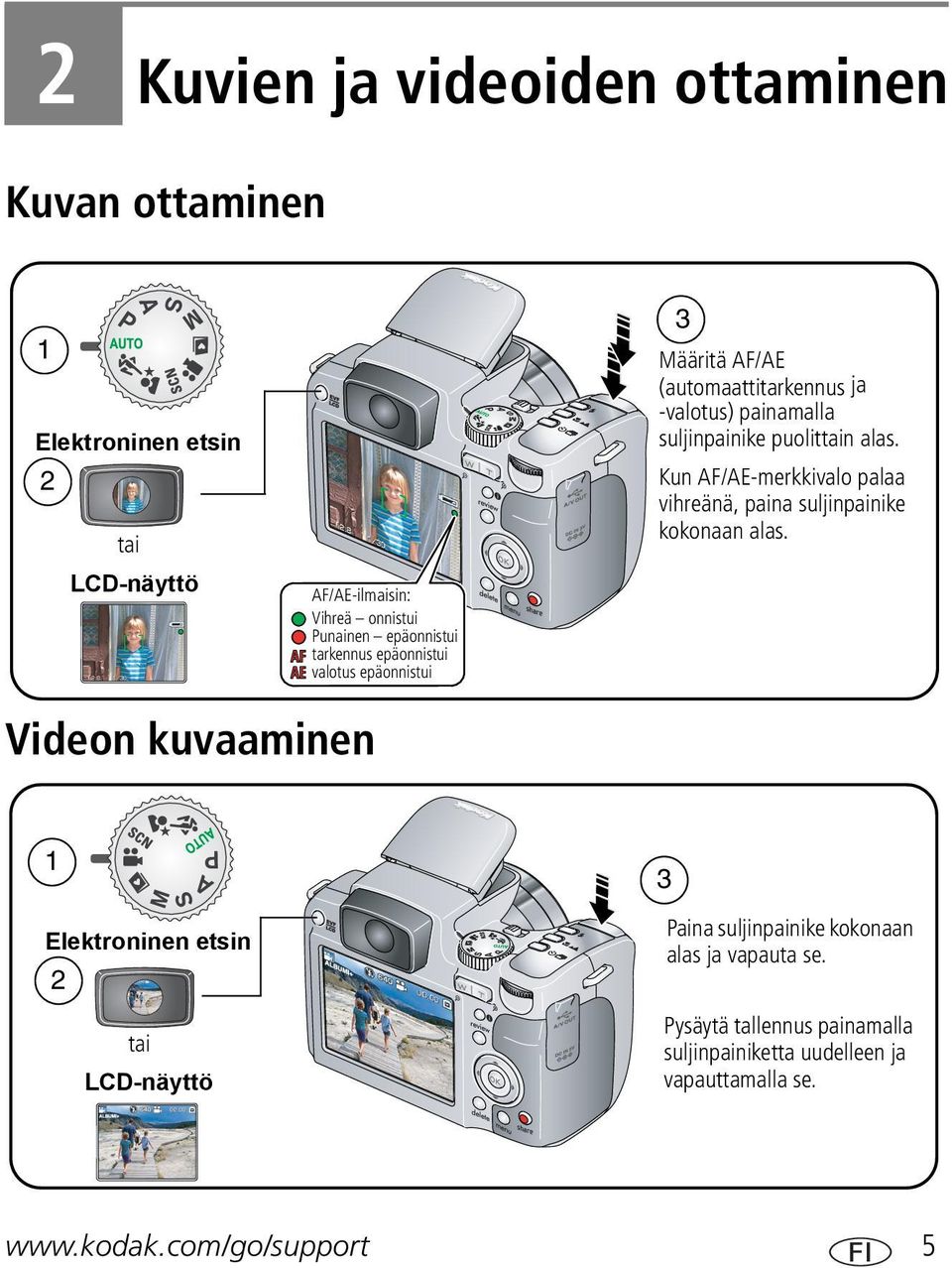 tai LCD-näyttö AF/AE-ilmaisin: Vihreä onnistui Punainen epäonnistui tarkennus epäonnistui valotus epäonnistui Videon kuvaaminen 3 1