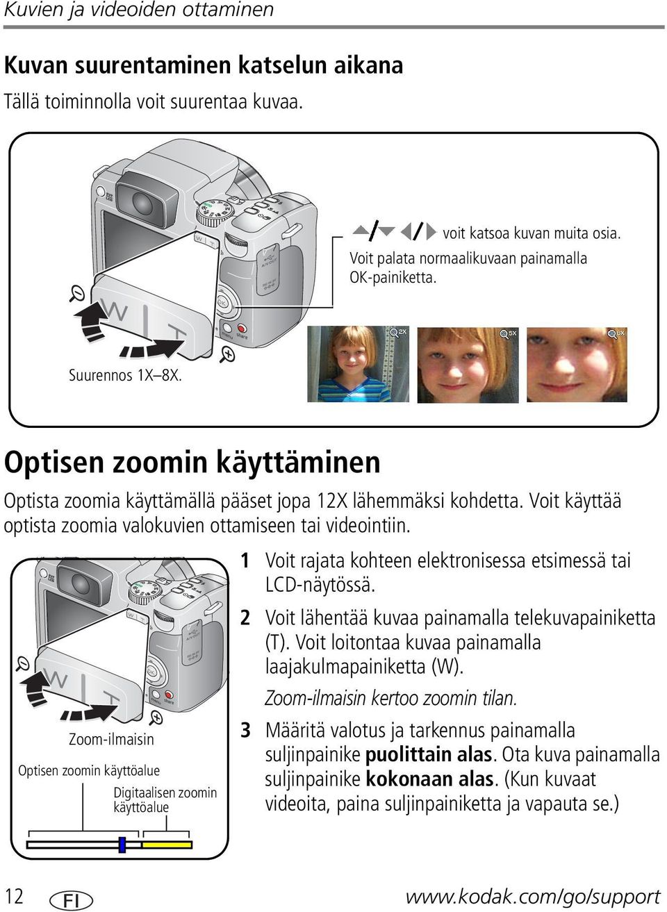 Zoom-ilmaisin Optisen zoomin käyttöalue Digitaalisen zoomin käyttöalue 1 Voit rajata kohteen elektronisessa etsimessä tai LCD-näytössä. 2 Voit lähentää kuvaa painamalla telekuvapainiketta (T).