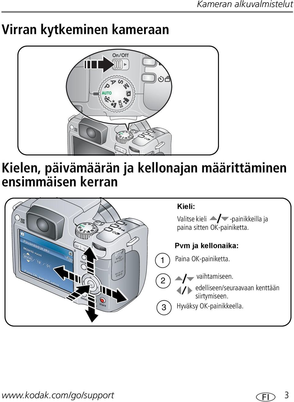 OK-painiketta. 1 2 3 Pvm ja kellonaika: Paina OK-painiketta. vaihtamiseen.