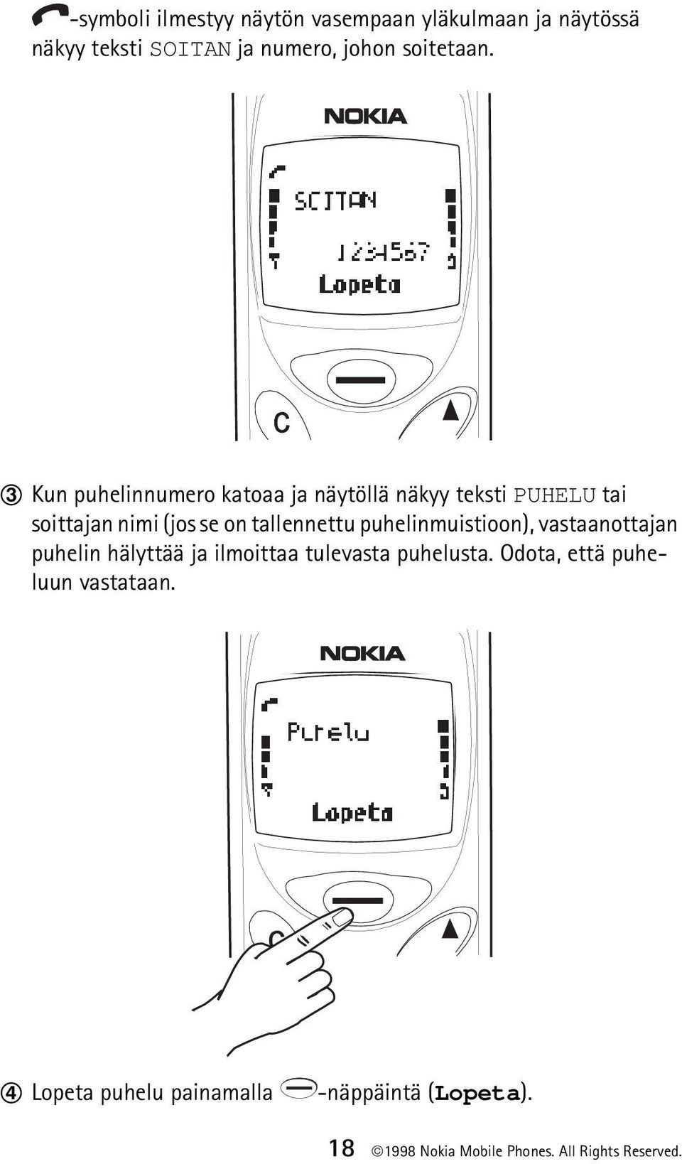 puhelinmuistioon), vastaanottajan puhelin hälyttää ja ilmoittaa tulevasta puhelusta.