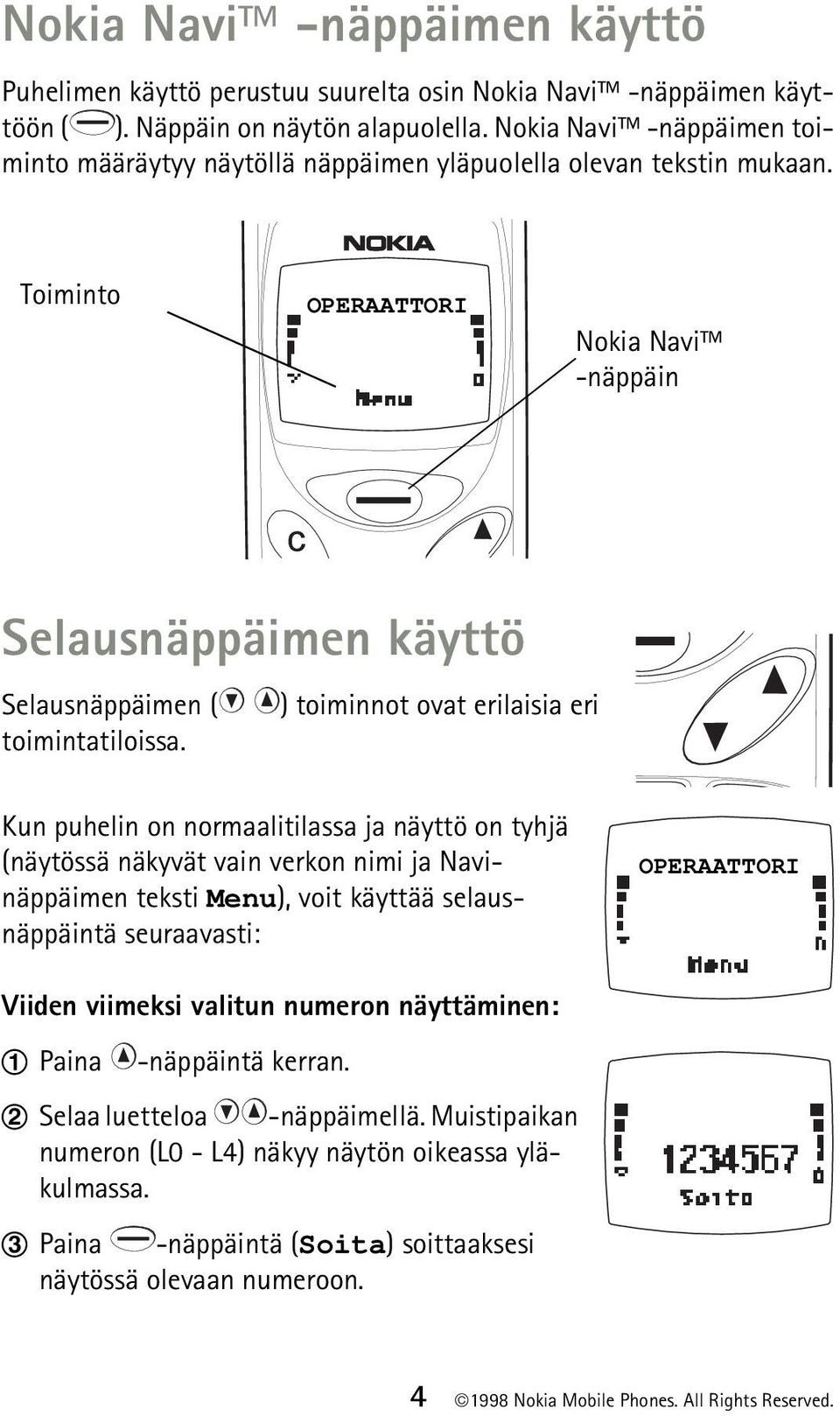 Toiminto OPERAATTORI Nokia Navi -näppäin Selausnäppäimen käyttö Selausnäppäimen ( ) toiminnot ovat erilaisia eri toimintatiloissa.