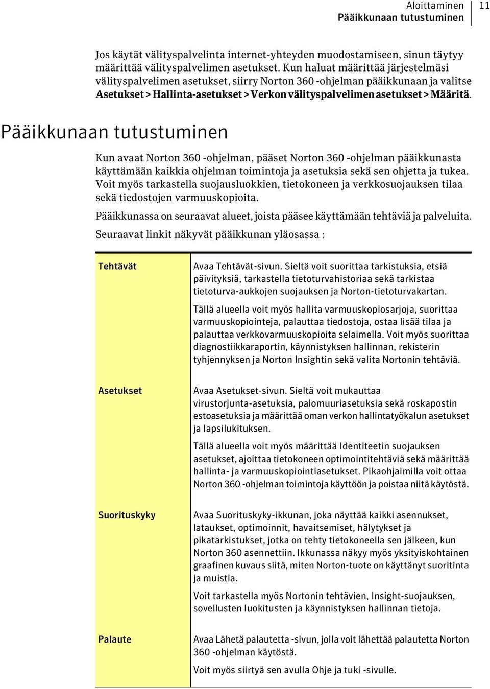 Pääikkunaan tutustuminen Kun avaat Norton 360 -ohjelman, pääset Norton 360 -ohjelman pääikkunasta käyttämään kaikkia ohjelman toimintoja ja asetuksia sekä sen ohjetta ja tukea.