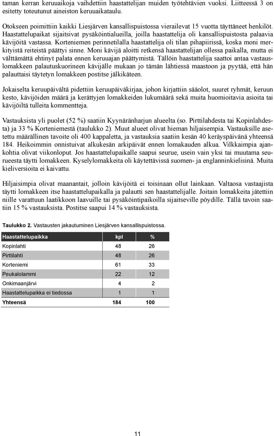 Haastattelupaikat sijaitsivat pysäköintialueilla, joilla haastattelija oli kansallispuistosta palaavia kävijöitä vastassa.