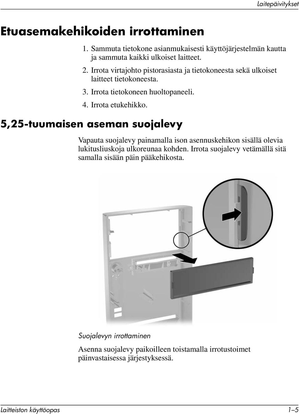 5,25-tuumaisen aseman suojalevy Vapauta suojalevy painamalla ison asennuskehikon sisällä olevia lukitusliuskoja ulkoreunaa kohden.