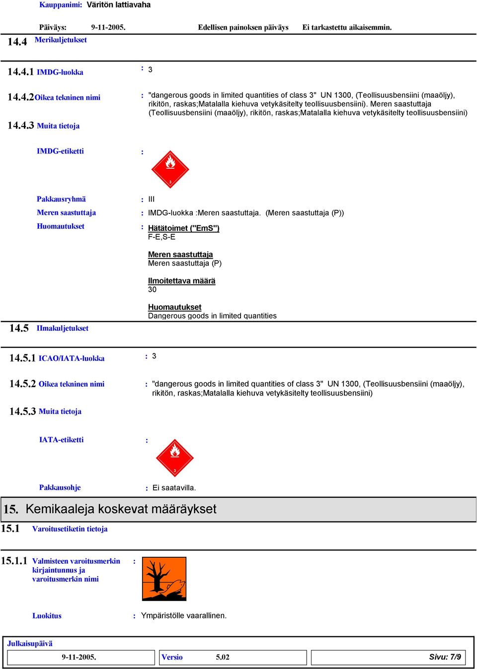 saastuttaja. (Meren saastuttaja (P)) Hätätoimet ("EmS") F-E,S-E Meren saastuttaja Meren saastuttaja (P) Ilmoitettava määrä 0 14.5 IImakuljetukset Huomautukset Dangerous goods in limited quantities 14.