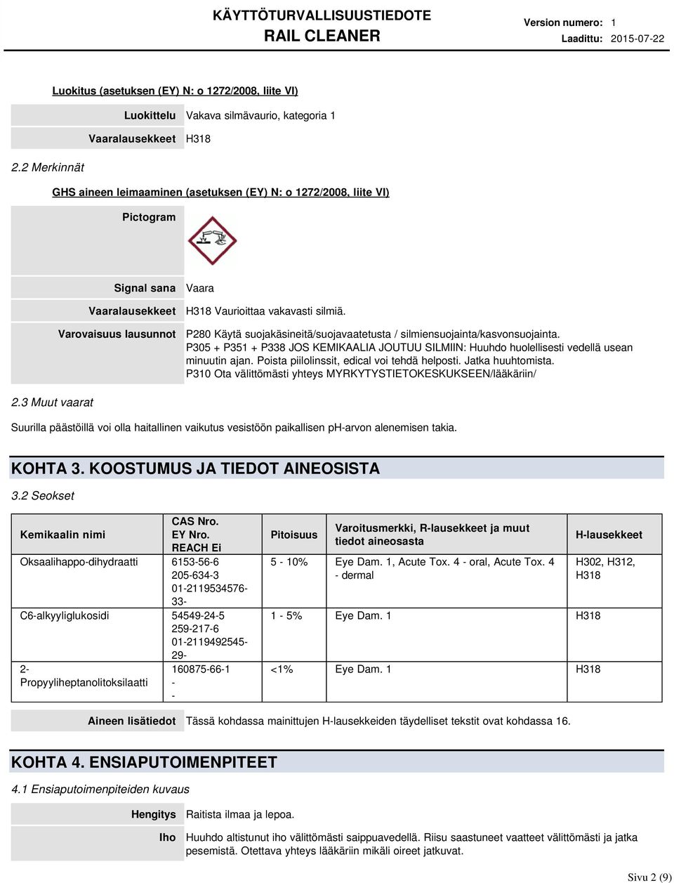 P280 Käytä suojakäsineitä/suojavaatetusta / silmiensuojainta/kasvonsuojainta. P305 + P351 + P338 JOS KEMIKAALIA JOUTUU SILMIIN: Huuhdo huolellisesti vedellä usean minuutin ajan.