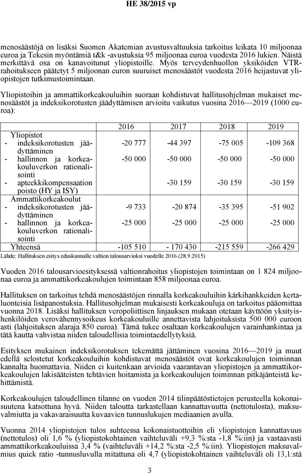 Myös terveydenhuollon yksiköiden VTRrahoitukseen päätetyt 5 miljoonan euron suuruiset menosäästöt vuodesta 2016 heijastuvat yliopistojen tutkimustoimintaan.