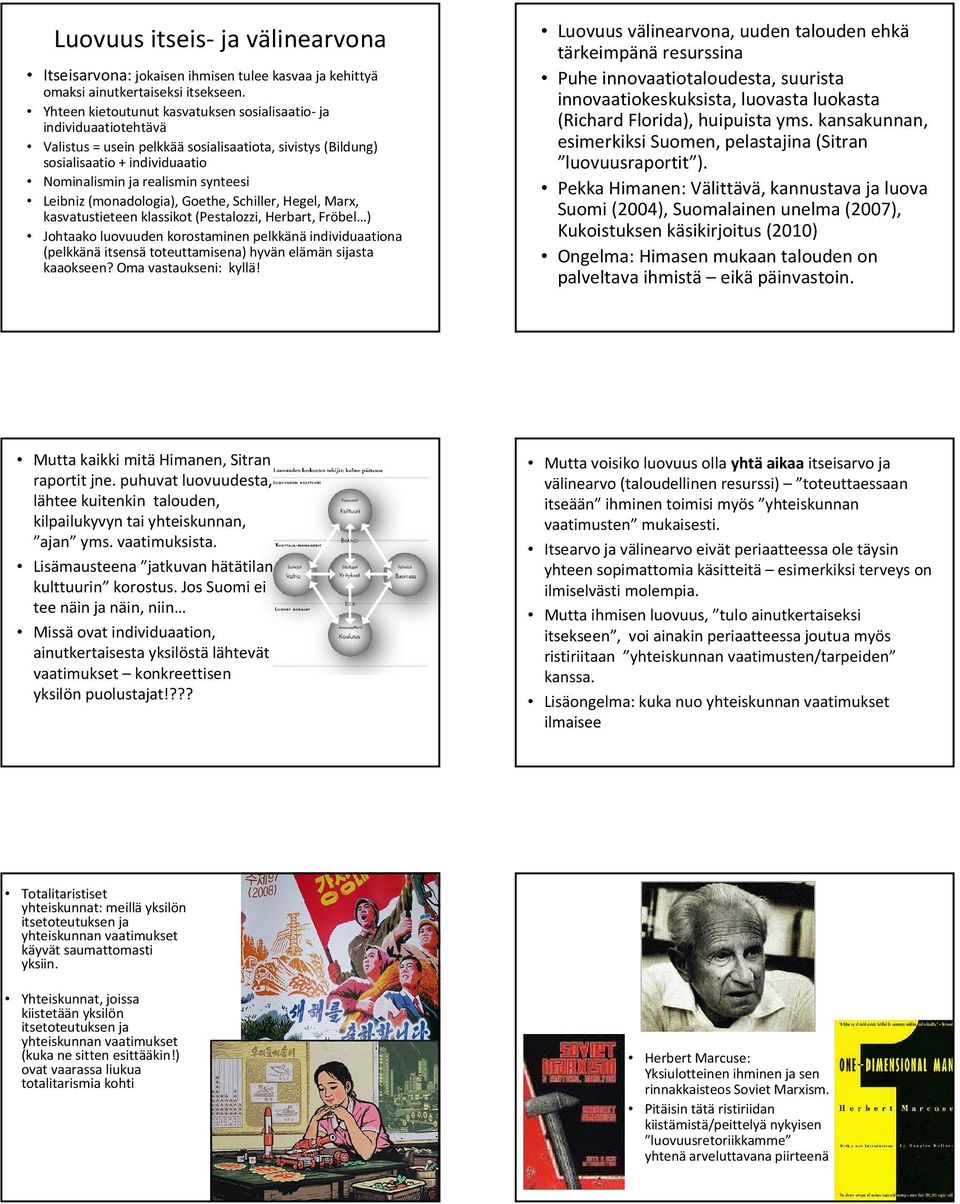 Leibniz (monadologia), Goethe, Schiller, Hegel, Marx, kasvatustieteen klassikot (Pestalozzi, Herbart, Fröbel ) Johtaako luovuuden korostaminen pelkkänäindividuaationa (pelkkänäitsensätoteuttamisena)