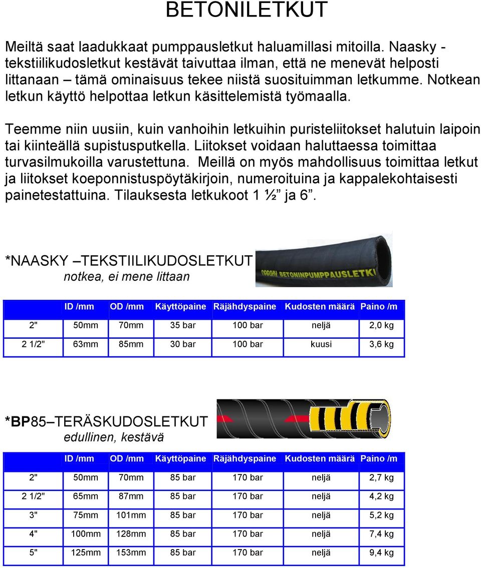 Notkean letkun käyttö helpottaa letkun käsittelemistä työmaalla. Teemme niin uusiin, kuin vanhoihin letkuihin puristeliitokset halutuin laipoin tai kiinteällä supistusputkella.