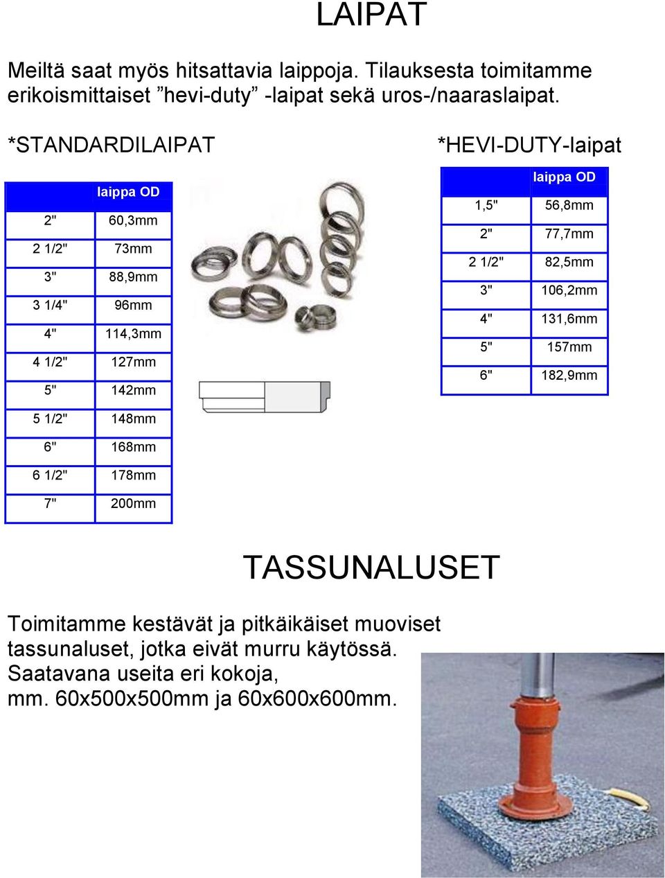 56,8mm 2" 77,7mm 2 1/2" 82,5mm 3" 106,2mm 4" 131,6mm 5" 157mm 6" 182,9mm 5 1/2" 148mm 6" 168mm 6 1/2" 178mm 7" 200mm TASSUNALUSET