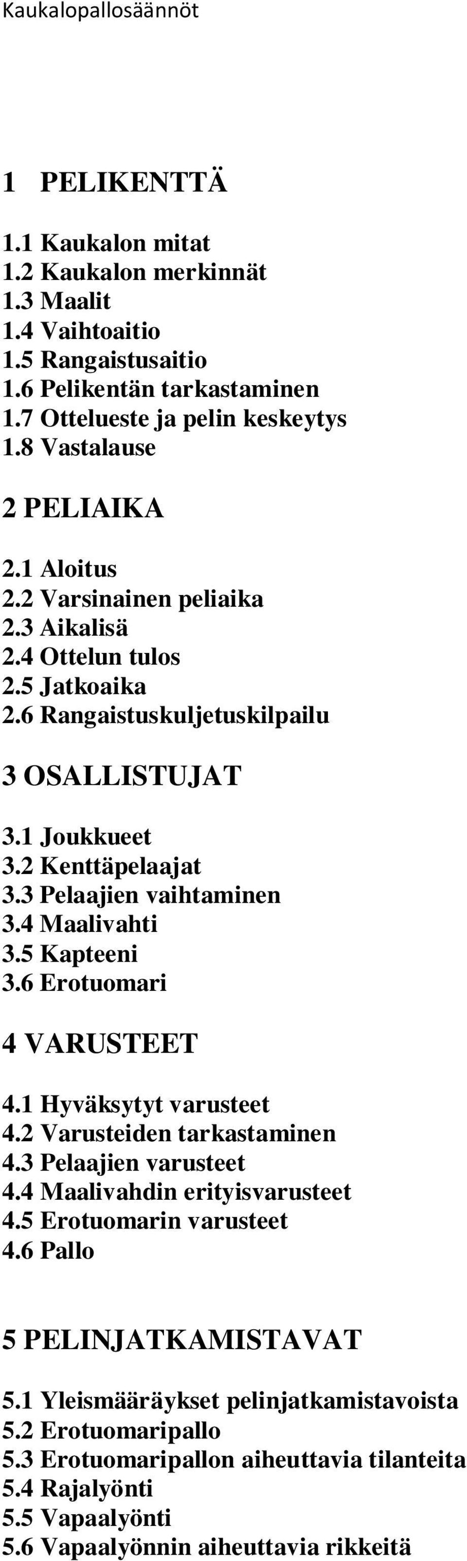 4 Maalivahti 3.5 Kapteeni 3.6 Erotuomari 4 VARUSTEET 4.1 Hyväksytyt varusteet 4.2 Varusteiden tarkastaminen 4.3 Pelaajien varusteet 4.4 Maalivahdin erityisvarusteet 4.5 Erotuomarin varusteet 4.