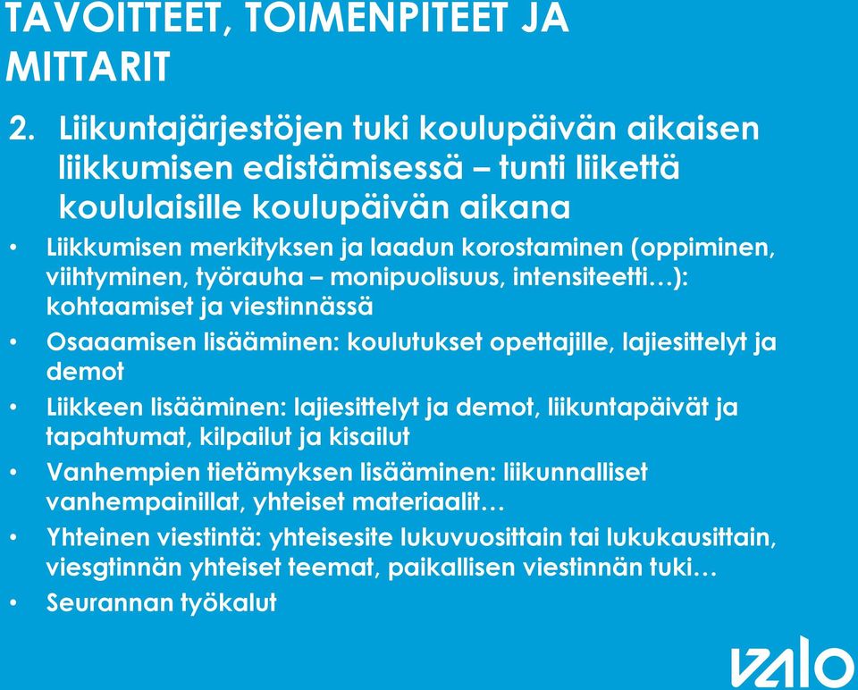 (oppiminen, viihtyminen, työrauha monipuolisuus, intensiteetti ): kohtaamiset ja viestinnässä Osaaamisen lisääminen: koulutukset opettajille, lajiesittelyt ja demot Liikkeen