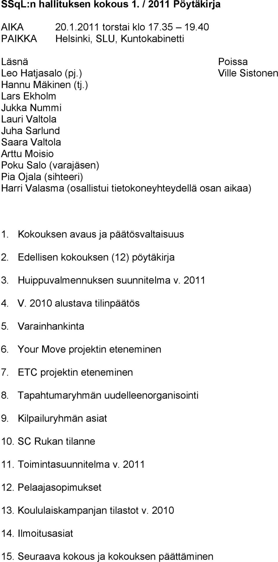 Kokouksen avaus ja päätösvaltaisuus 2. Edellisen kokouksen (12) pöytäkirja 3. Huippuvalmennuksen suunnitelma v. 2011 4. V. 2010 alustava tilinpäätös 5. Varainhankinta 6.