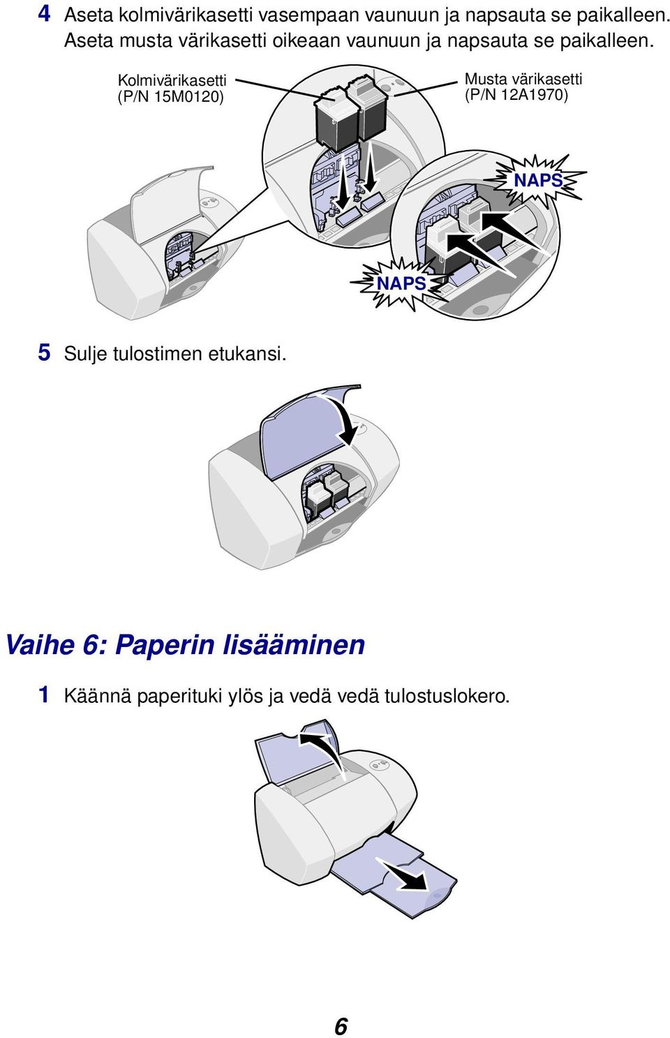 Kolmivärikasetti (P/N 15M0120) Musta värikasetti (P/N 12A1970) NAPS NAPS 5 Sulje