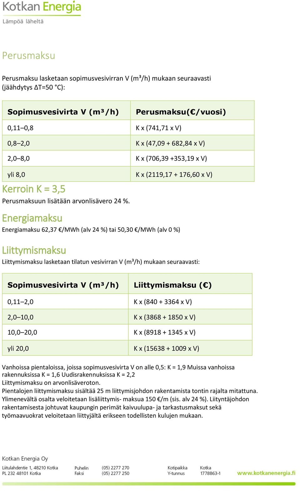 Energiamaksu Energiamaksu 62,37 /MWh tai 50,30 /MWh Liittymismaksu Liittymismaksu lasketaan tilatun vesivirran V (m³/h) mukaan seuraavasti: V (m³/h) Liittymismaksu ( ) 0,11 2,0 K x (840 + 3364 x V)