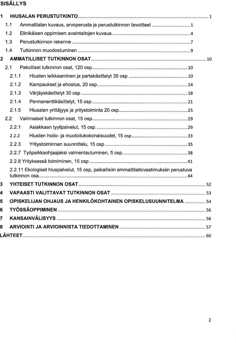 4 Permnenttikäsittelyt, 15 osp 2L 2 1.5 Hiusln yrittäjyys j yritystoimint 2O osp... L 4 7 9...10 25 7.. 10 2 2 Vlinniset tutkinnon ost, 15 osp... 2.2.1 Asikkn tyyliplvelut, 15 osp 29 2.2.2 Hiusten hoito- j muotoilukokonisuudet, 15 osp.
