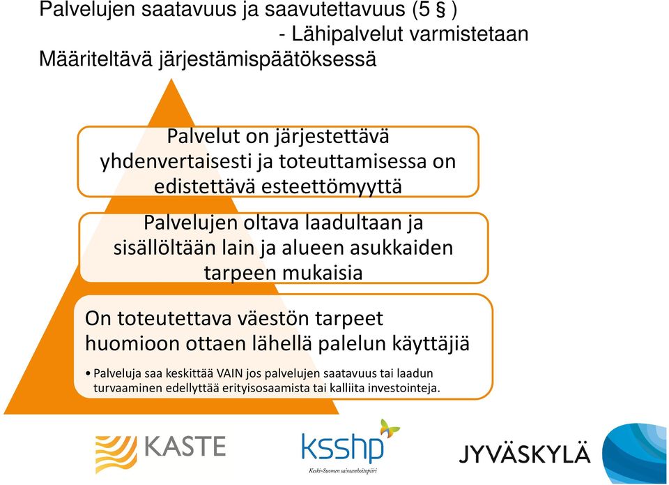 sisällöltään lain ja alueen asukkaiden tarpeen mukaisia On toteutettava väestön tarpeet huomioon ottaen lähellä palelun