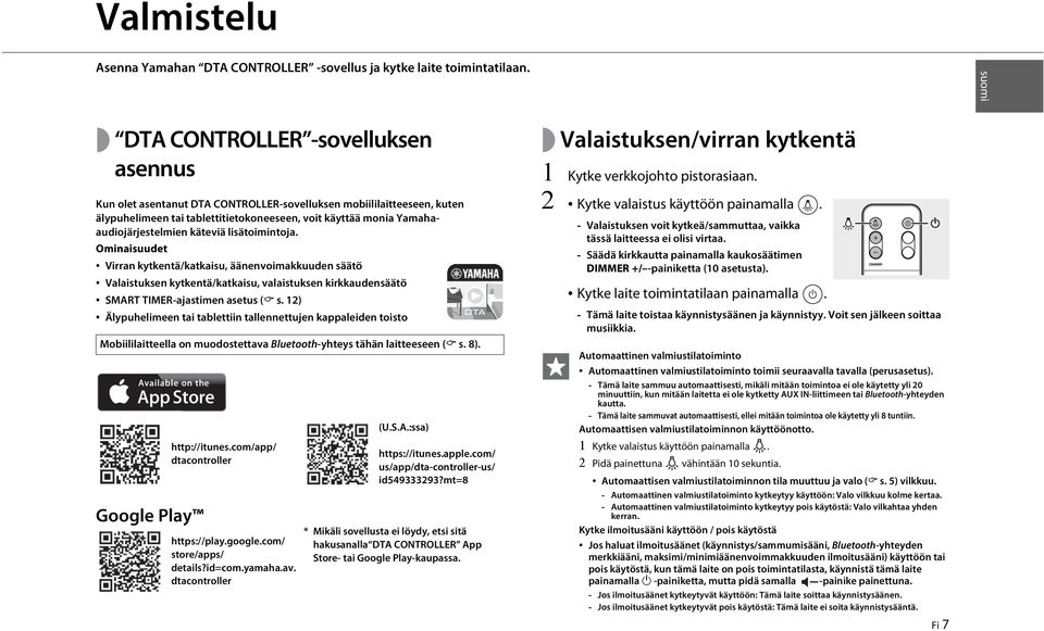 käteviä lisätoimintoja. Ominaisuudet Virran kytkentä/katkaisu, äänenvoimakkuuden säätö Valaistuksen kytkentä/katkaisu, valaistuksen kirkkaudensäätö SMART TIMER-ajastimen asetus ( s.