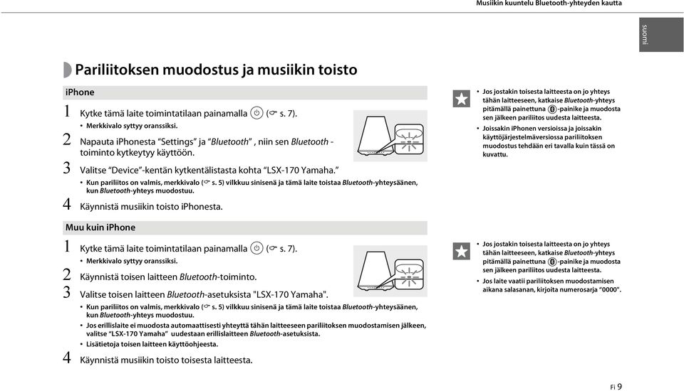 5) vilkkuu sinisenä ja tämä laite toistaa Bluetooth-yhteysäänen, kun Bluetooth-yhteys muodostuu. 4 Käynnistä musiikin toisto iphonesta.