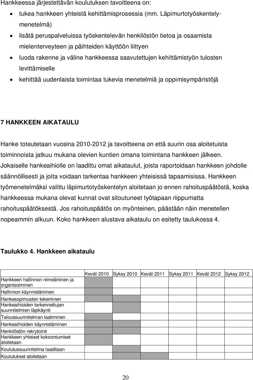 kehittämistyön tulosten levittämiselle kehittää uudenlaista toimintaa tukevia menetelmiä ja oppimisympäristöjä 7 HANKKEEN AIKATAULU Hanke toteutetaan vuosina 2010-2012 ja tavoitteena on että suurin