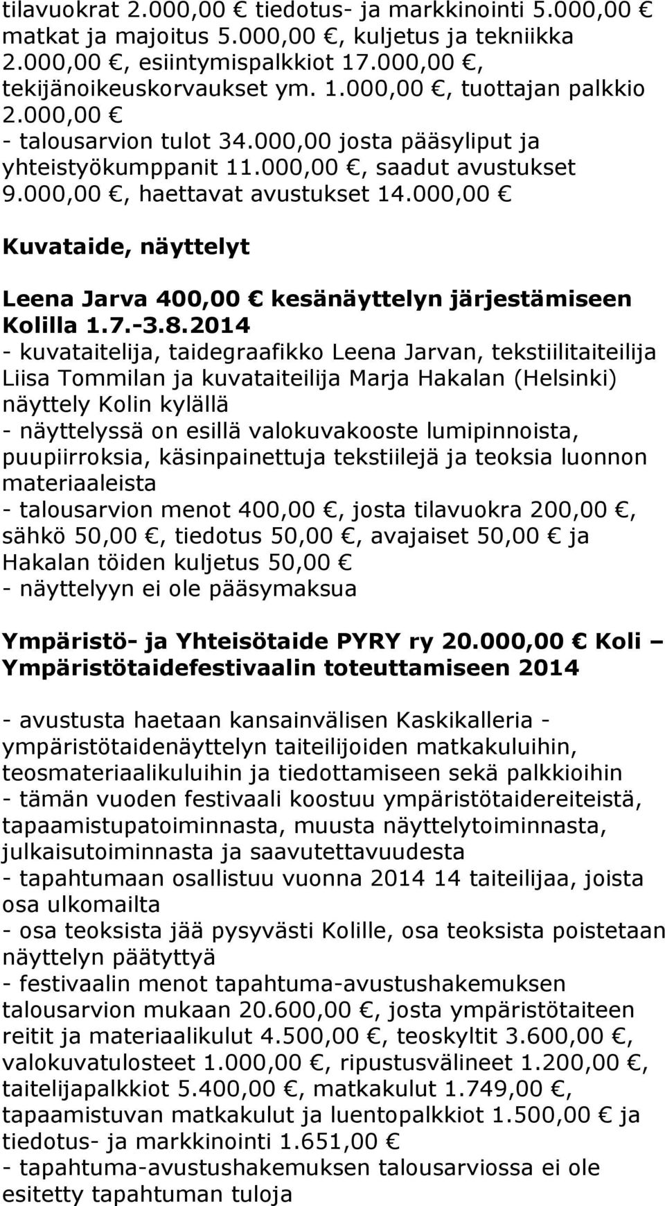 000,00 Kuvataide, näyttelyt Leena Jarva 400,00 kesänäyttelyn järjestämiseen Kolilla 1.7.-3.8.