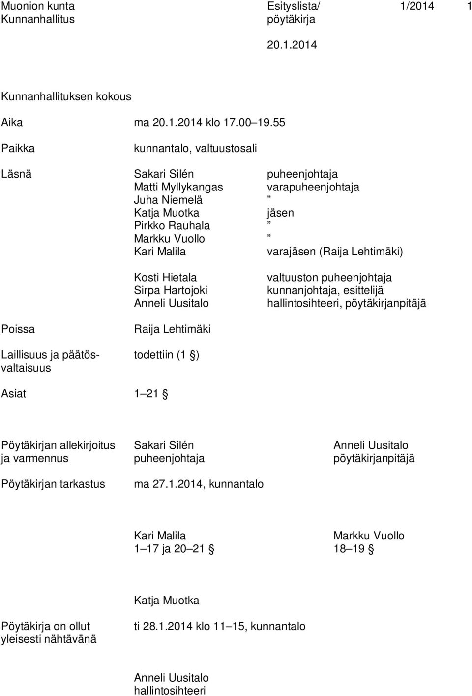 Lehtimäki) Kosti Hietala Sirpa Hartojoki Anneli Uusitalo valtuuston puheenjohtaja kunnanjohtaja, esittelijä hallintosihteeri, npitäjä Poissa Raija Lehtimäki Laillisuus ja päätös- todettiin (1 )