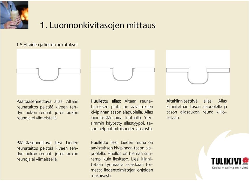 Altakiinnitettävä allas: Allas kiinnitetään tason alapuolelle ja tason allasaukon reuna kiillotetaan.