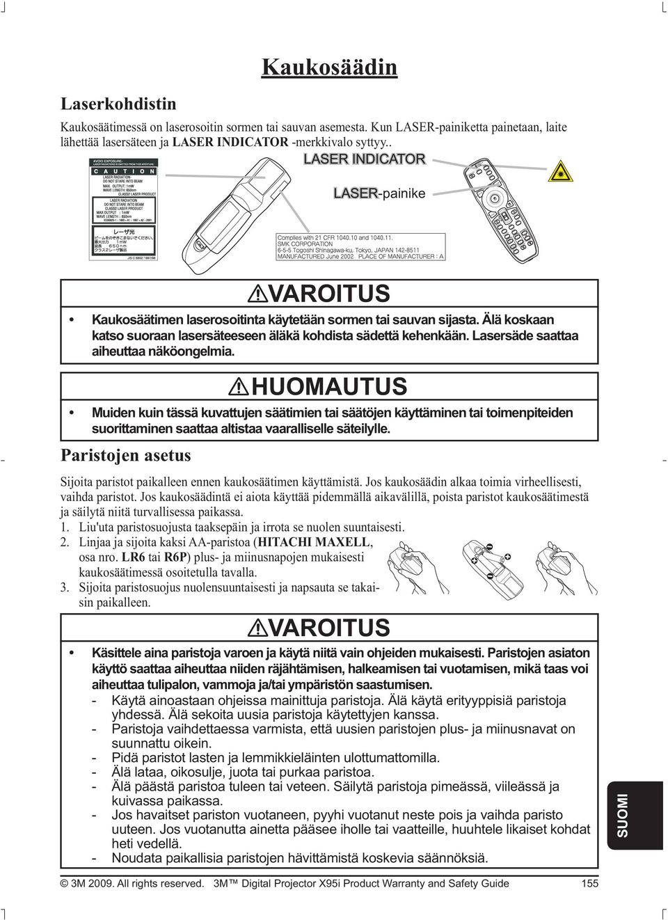 CAMERA SEARCH BLANK LASER ASPECT PUSH ENTER PAGE UP PAGE DOWN ESC MENU RESET POSITION AUTO MAGNIFY OFF MY BUTTON VOLUME FREEZE KEYSTONE MUTE Paristojen asetus VAROITUS HUOMAUTUS suorittaminen saattaa