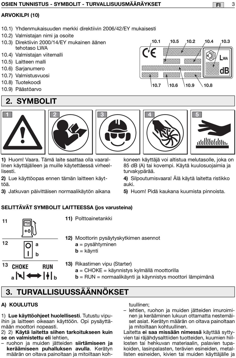 2 10.9 10.4 10.8 10.3 LWA db 2. SYMBOLIT 1 2 3 4 5 1) Huom! Vaara. Tämä laite saattaa olla vaarallinen käyttäjälleen ja muille käytettäessä virheellisesti.