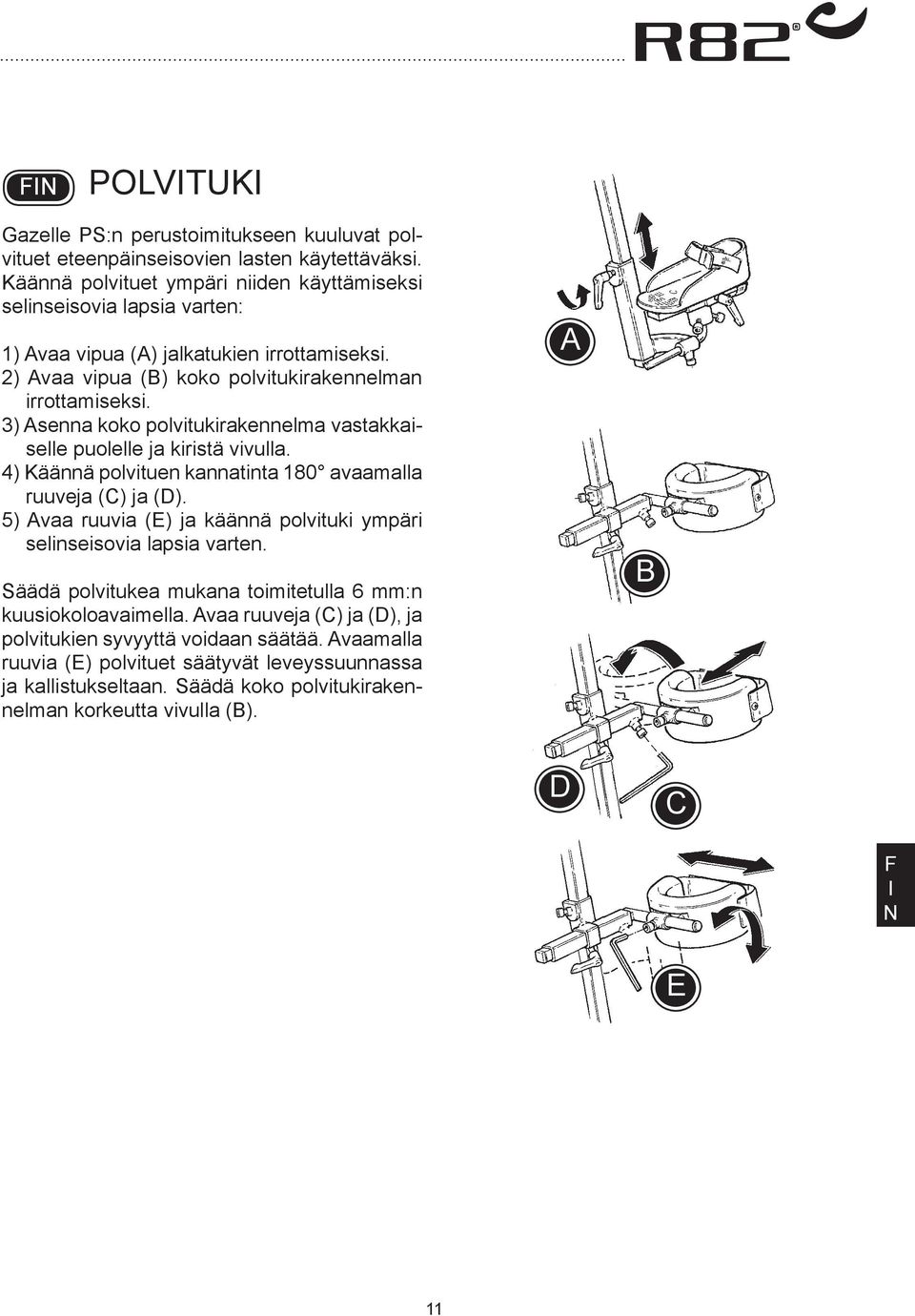 3) senna koko polvitukirakennelma vastakkaiselle puolelle ja kiristä vivulla. 4) Käännä polvituen kannatinta 180 avaamalla ruuveja (C) ja (D).