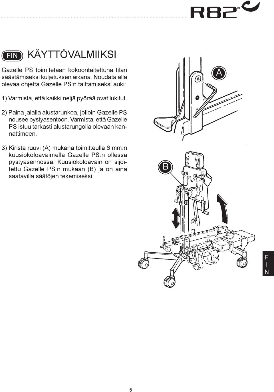 2) Paina jalalla alustarunkoa, jolloin Gazelle PS nousee pystyasentoon.