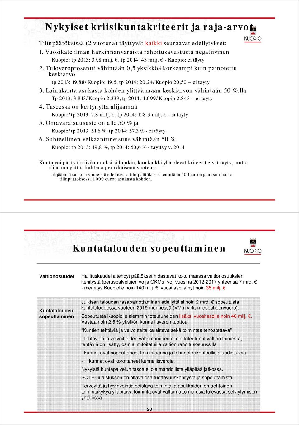 Tuloveroprosentti vähintään 0,5 yksikköä korkeampi kuin painotettu keskiarvo tp 2013: 19,88/Kuopio: 19,5, tp 2014: 20,24/Kuopio 20,50 ei täyty 3.