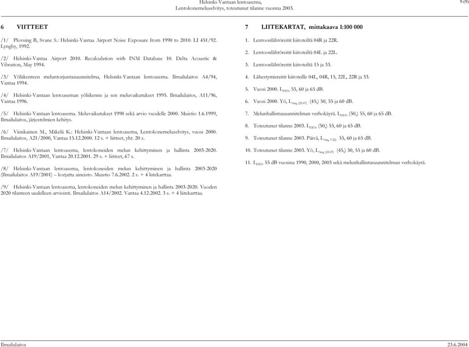 Ilmailulaitos A4/94, Vantaa 1994. /4/ Helsinki-Vantaan lentoaseman yöliikenne ja sen meluvaikutukset 1995. Ilmailulaitos, A11/96, Vantaa 1996. /5/ Helsinki-Vantaan lentoasema.