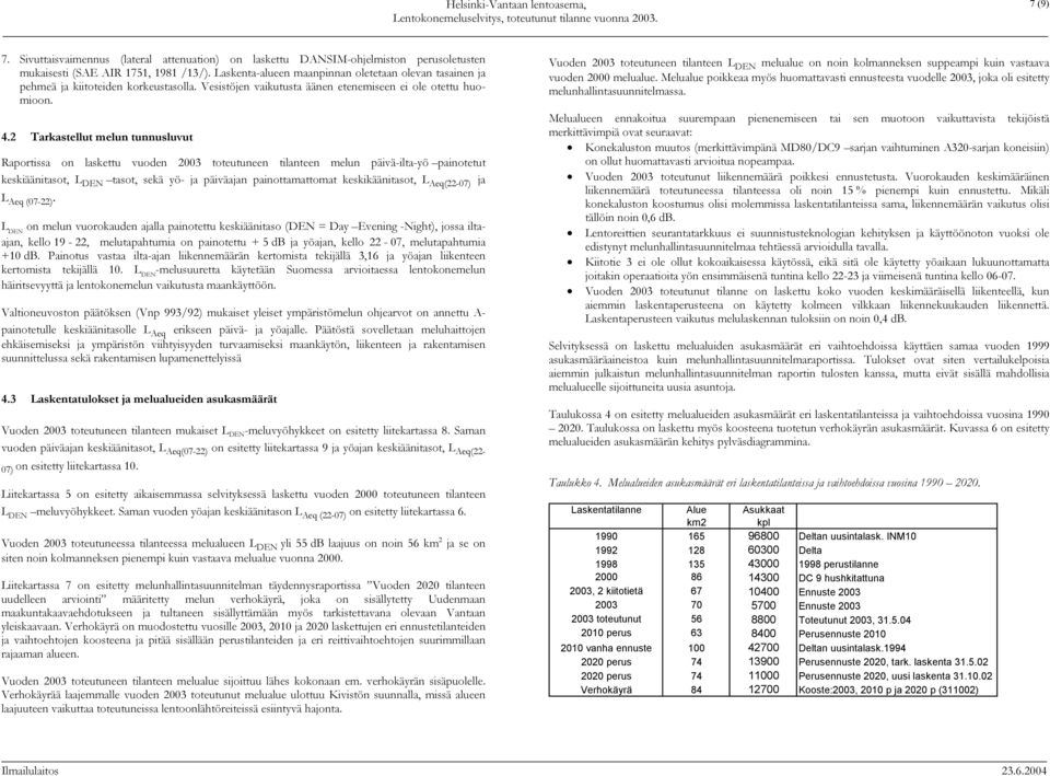 2 Tarkastellut melun tunnusluvut Raportissa on laskettu vuoden 2003 toteutuneen tilanteen melun päivä-ilta-yö painotetut keskiäänitasot, L DEN tasot, sekä yö- ja päiväajan painottamattomat