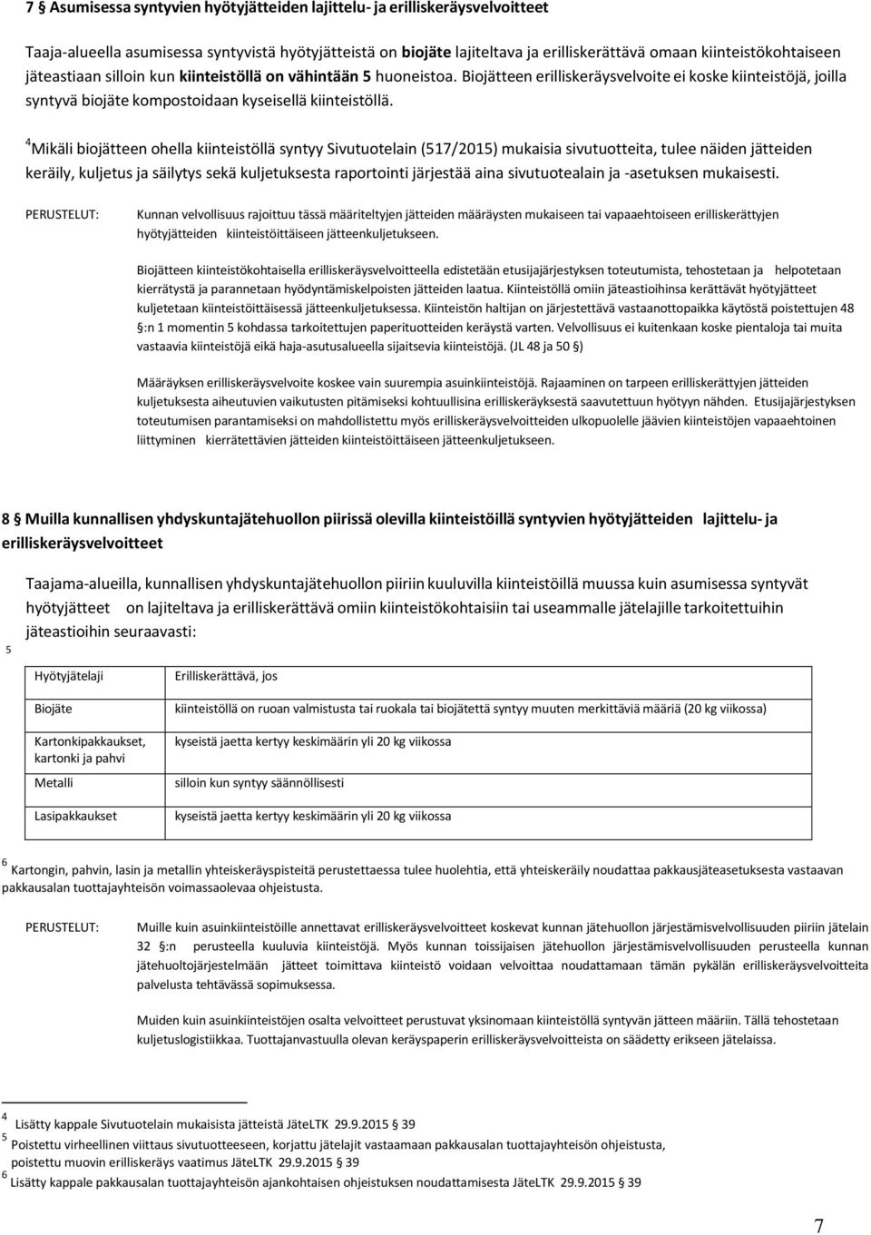 4 Mikäli biojätteen ohella kiinteistöllä syntyy Sivutuotelain (517/2015) mukaisia sivutuotteita, tulee näiden jätteiden keräily, kuljetus ja säilytys sekä kuljetuksesta raportointi järjestää aina