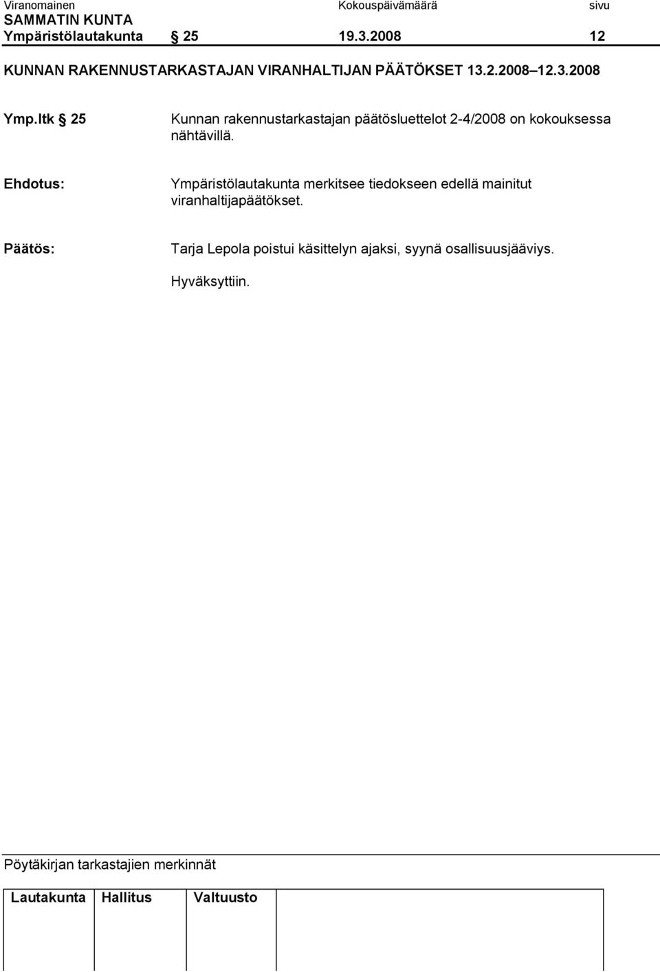 ltk 25 Kunnan rakennustarkastajan päätösluettelot 2 4/2008 on kokouksessa nähtävillä.