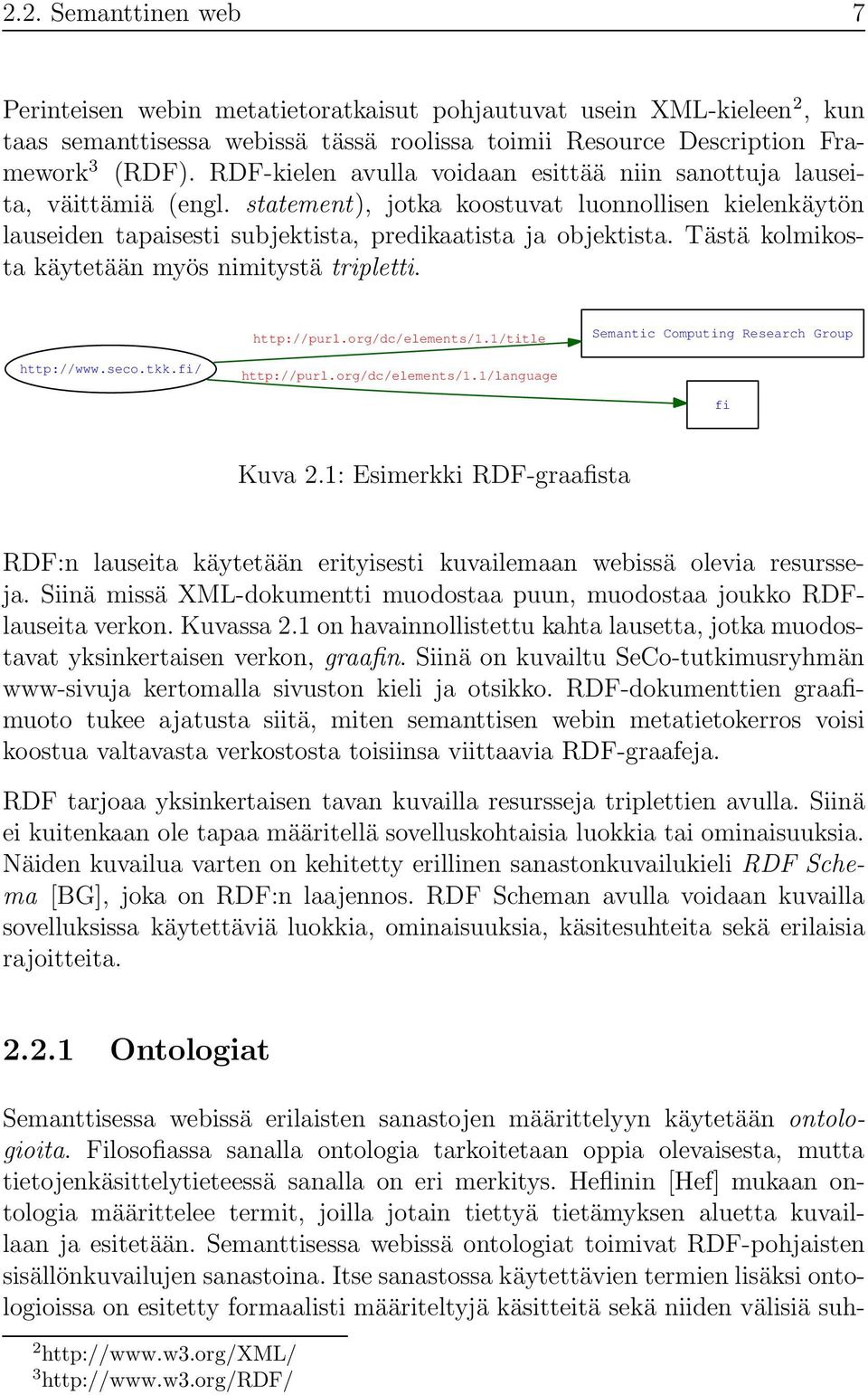 Tästä kolmikosta käytetään myös nimitystä tripletti. http://purl.org/dc/elements/1.1/title Semantic Computing Research Group http://www.seco.tkk.fi/ http://purl.org/dc/elements/1.1/language fi Kuva 2.