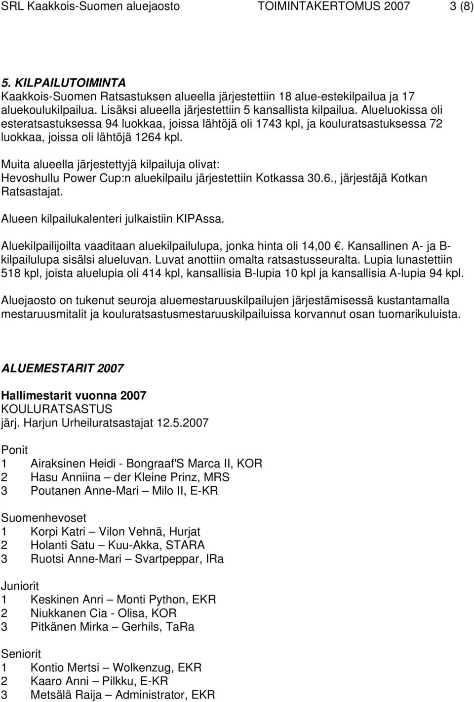 Muita alueella järjestettyjä kilpailuja olivat: Hevoshullu Power Cup:n aluekilpailu järjestettiin Kotkassa 30.6., järjestäjä Kotkan Ratsastajat. Alueen kilpailukalenteri julkaistiin KIPAssa.
