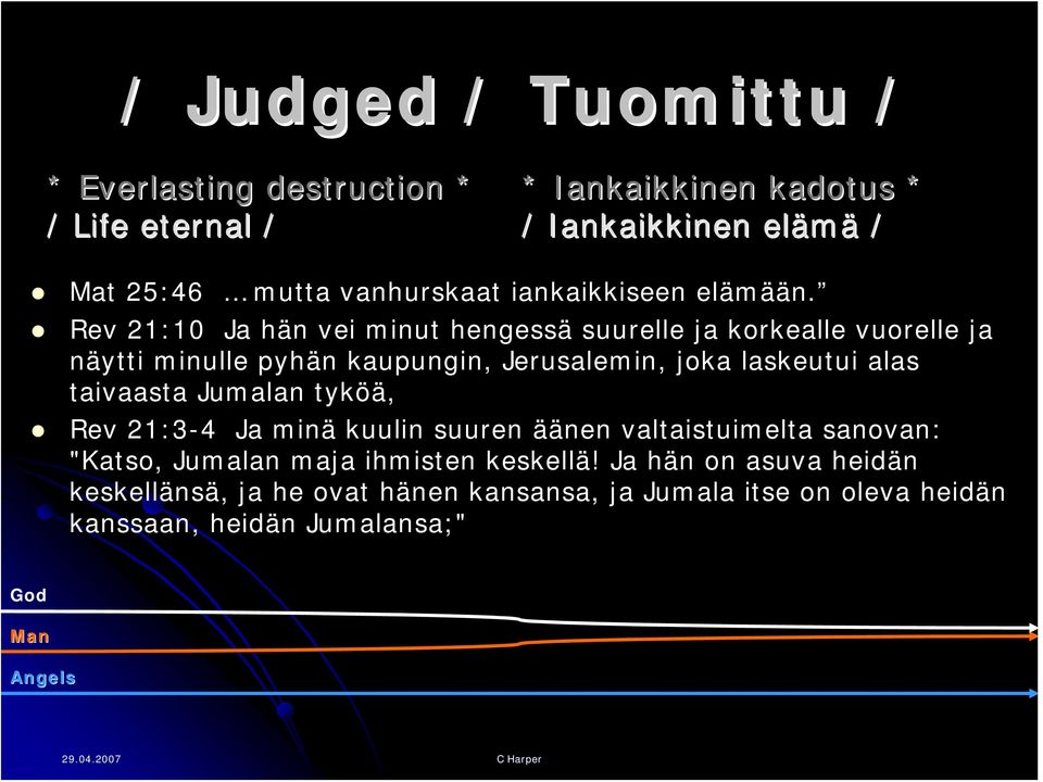 Rev 21:10 Ja hän vei minut hengessä suurelle ja korkealle vuorelle ja näytti minulle pyhän kaupungin, Jerusalemin, joka laskeutui alas