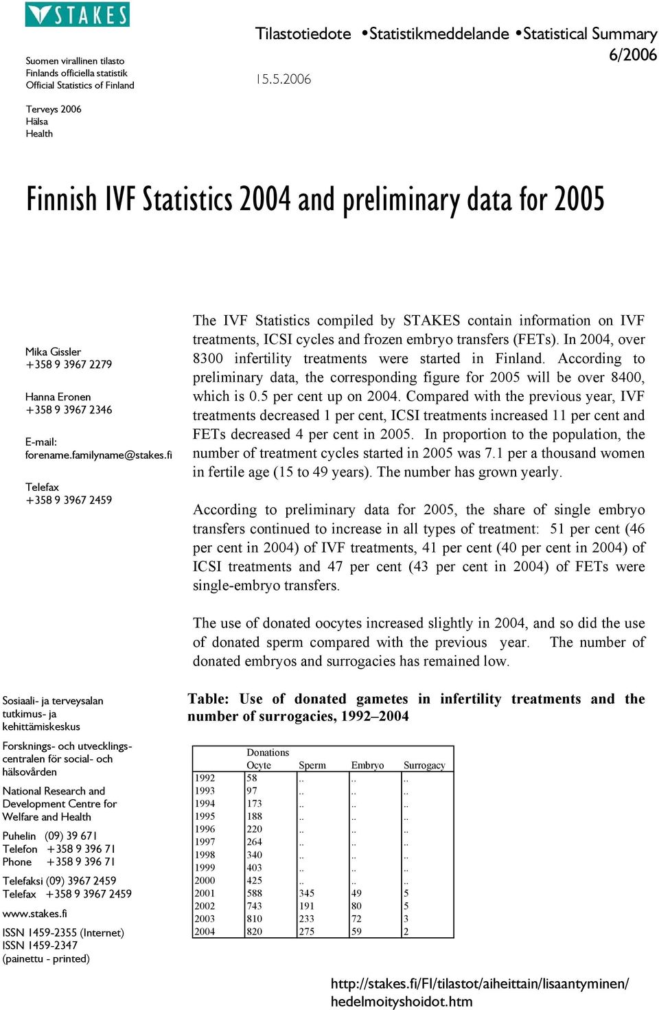 fi Telefax +358 9 3967 2459 The IVF Statistics compiled by STAKES contain information on IVF treatments, ICSI cycles and frozen embryo transfers (FETs).