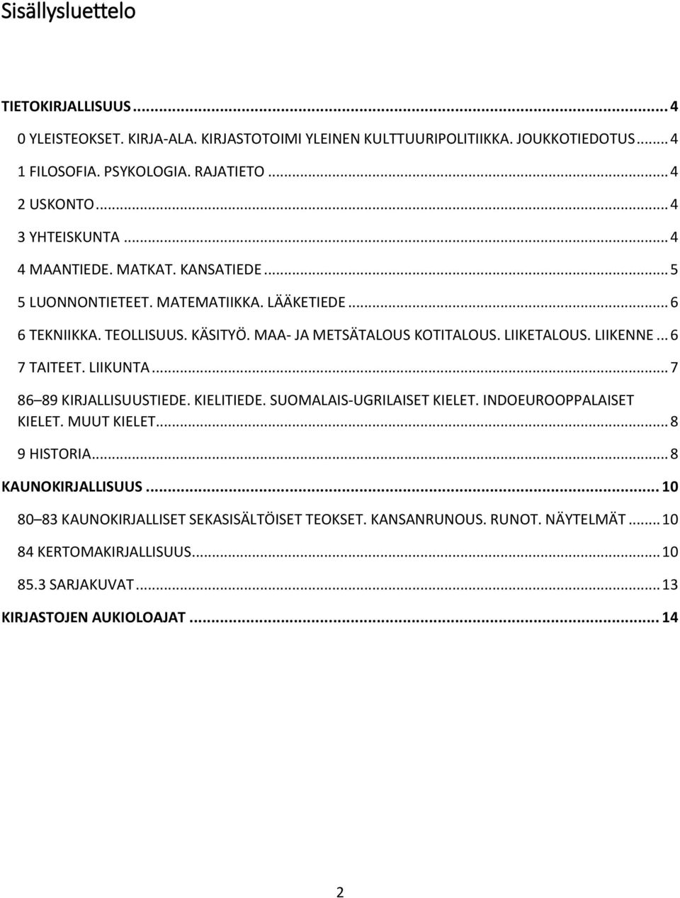 LIIKETALOUS. LIIKENNE... 6 7 TAITEET. LIIKUNTA... 7 86 89 KIRJALLISUUSTIEDE. KIELITIEDE. SUOMALAIS-UGRILAISET KIELET. INDOEUROOPPALAISET KIELET. MUUT KIELET... 8 9 HISTORIA.