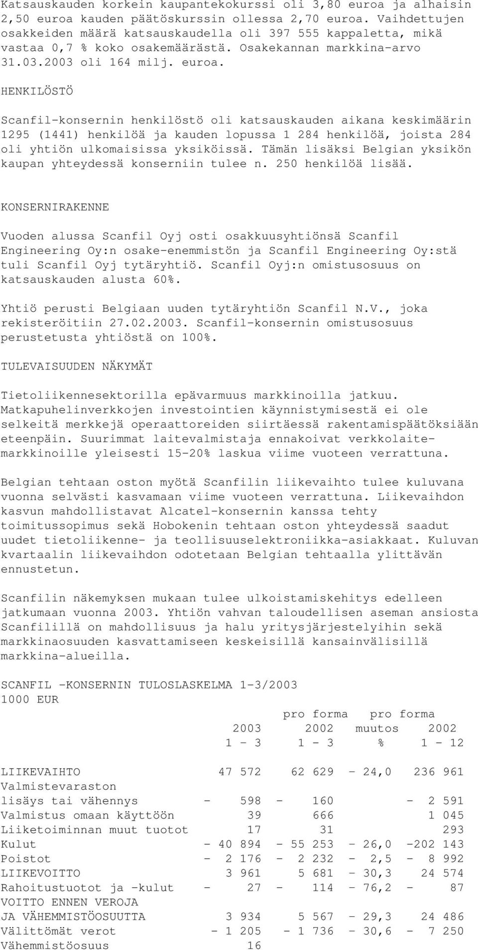 HENKILÖSTÖ Scanfil-konsernin henkilöstö oli katsauskauden aikana keskimäärin 1295 (1441) henkilöä ja kauden lopussa 1 284 henkilöä, joista 284 oli yhtiön ulkomaisissa yksiköissä.