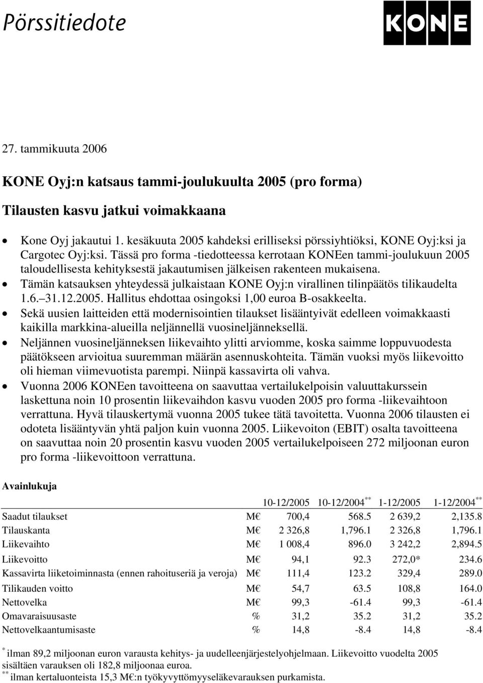 Tässä pro forma -tiedotteessa kerrotaan KONEen tammi-joulukuun 2005 taloudellisesta kehityksestä jakautumisen jälkeisen rakenteen mukaisena.