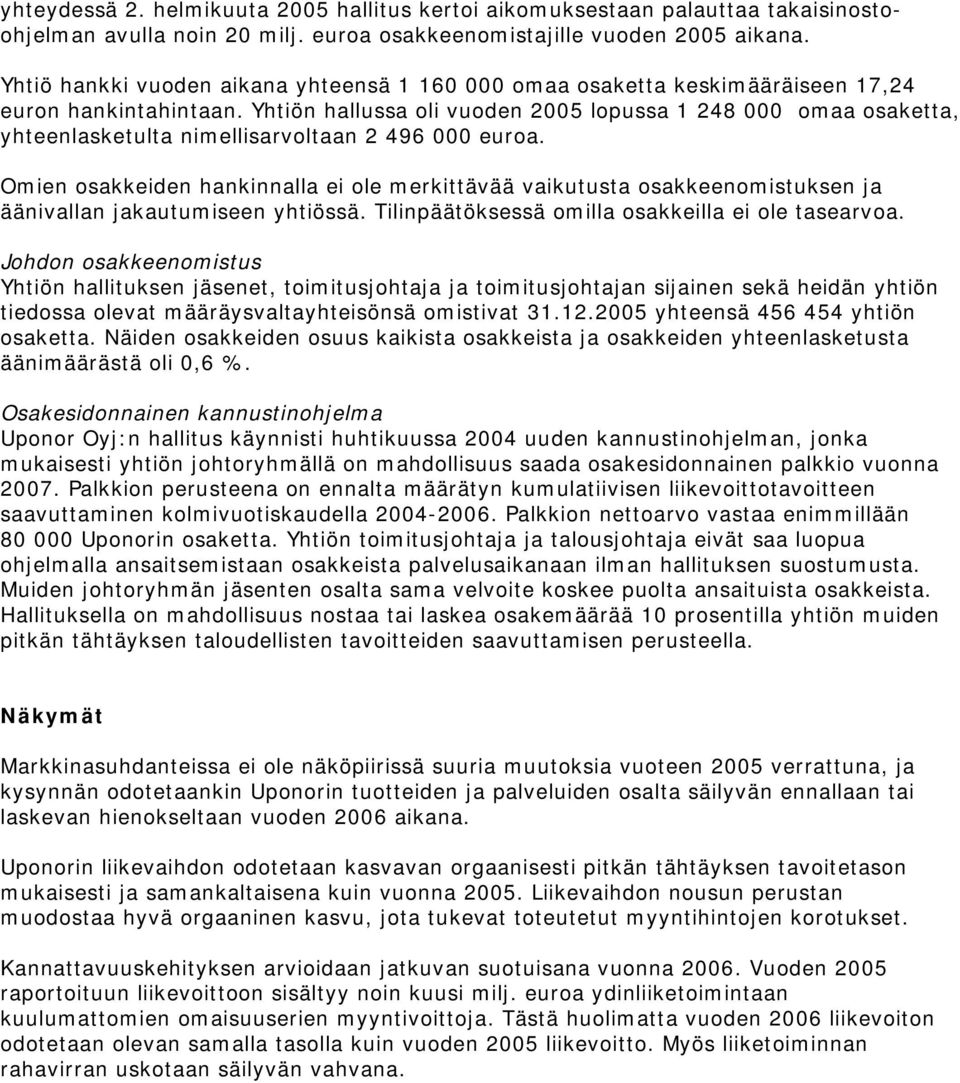 Yhtiön hallussa oli vuoden 2005 lopussa 1 248 000 omaa osaketta, yhteenlasketulta nimellisarvoltaan 2 496 000 euroa.