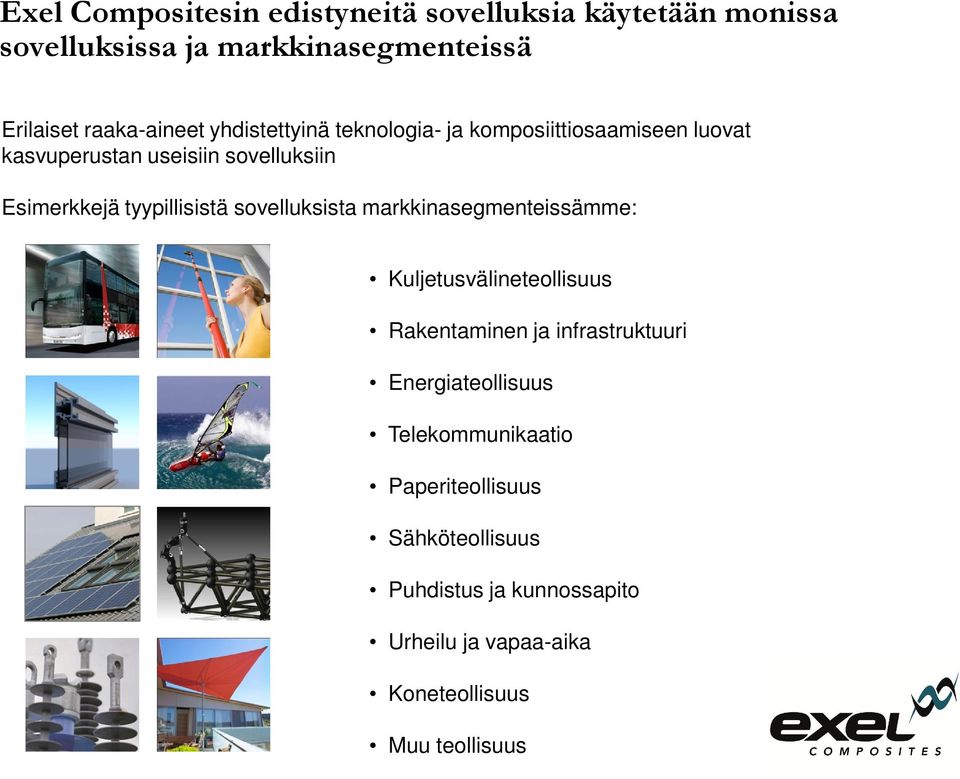 sovelluksista markkinasegmenteissämme: Kuljetusvälineteollisuus Rakentaminen ja infrastruktuuri Energiateollisuus